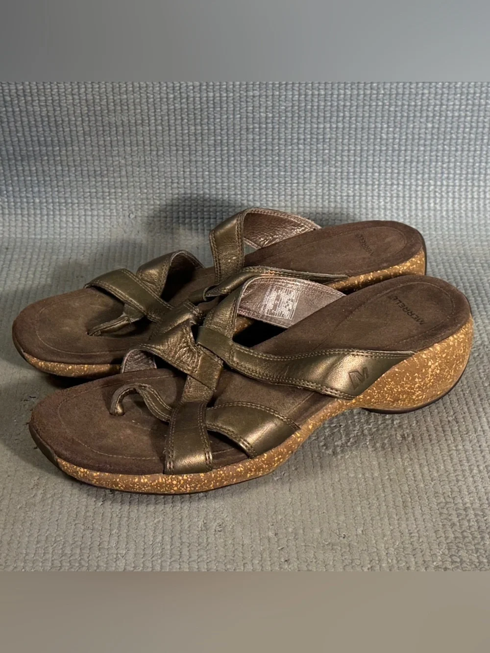 Merrell Sundial Antique Brass Leather Comfort Cork Thong Sandals Women’s Size 8